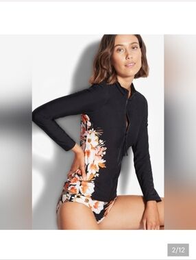 Seafolly Bora Flora Rash Guard Zip Front Size Small
